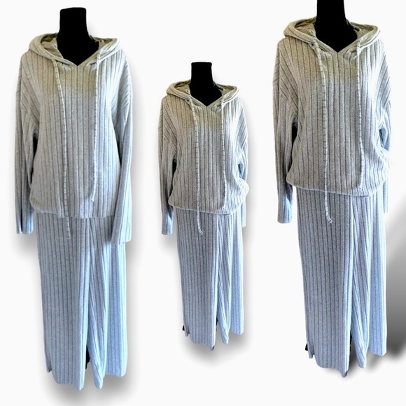 Vintage Wide Leg 2pc Ribbed Casual Lounging Tracksuit Grey XL - Picture 12 of 16